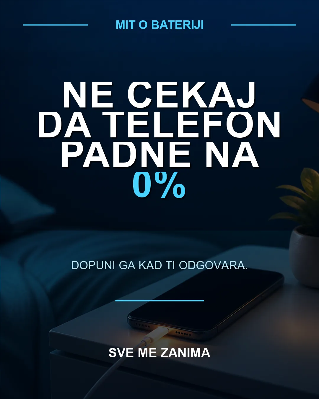 Telefon priključen na punjač uz poruku da ga ne treba prazniti do nule