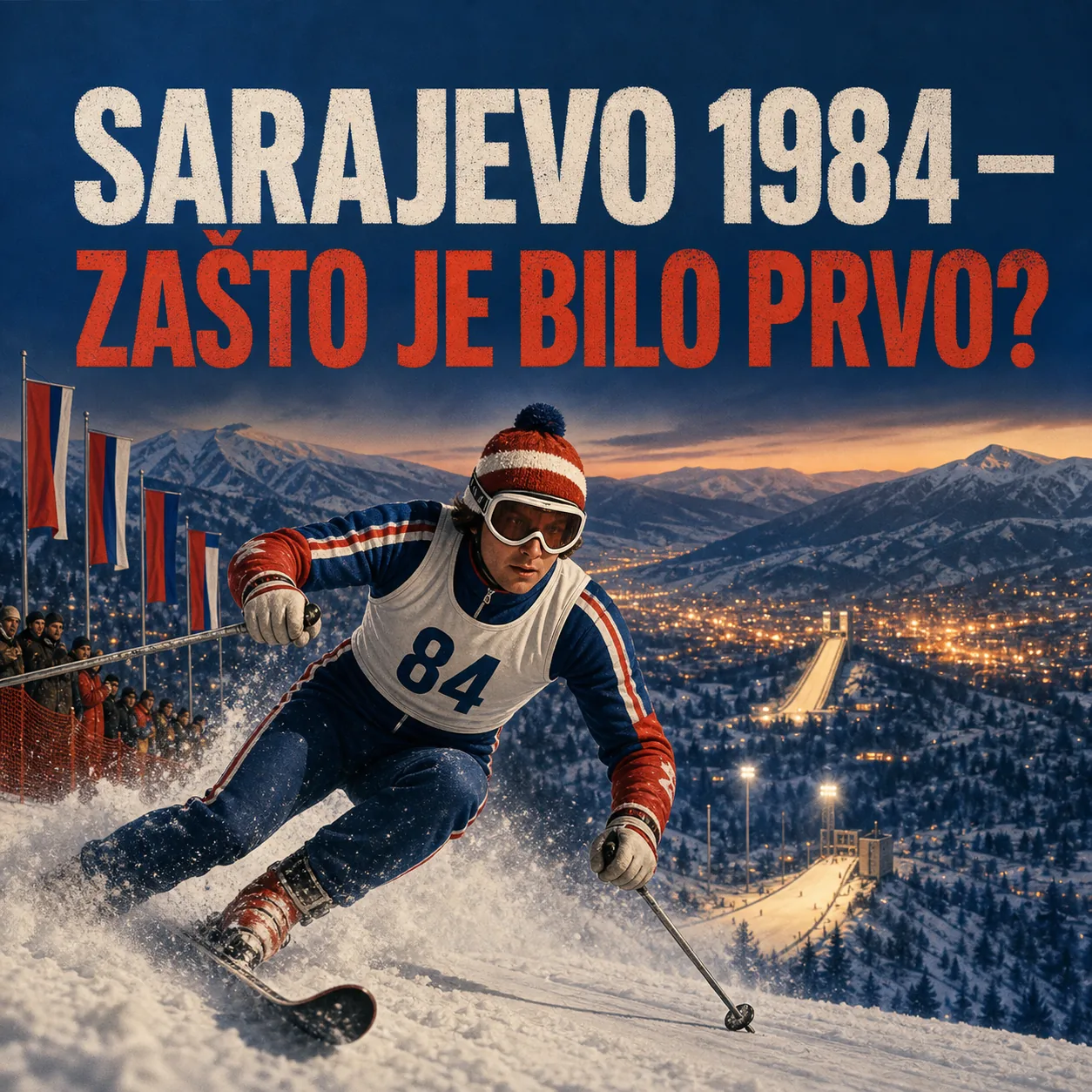 Ilustracija Sarajeva i olimpijskih skijaša povodom Zimskih olimpijskih igara 1984.